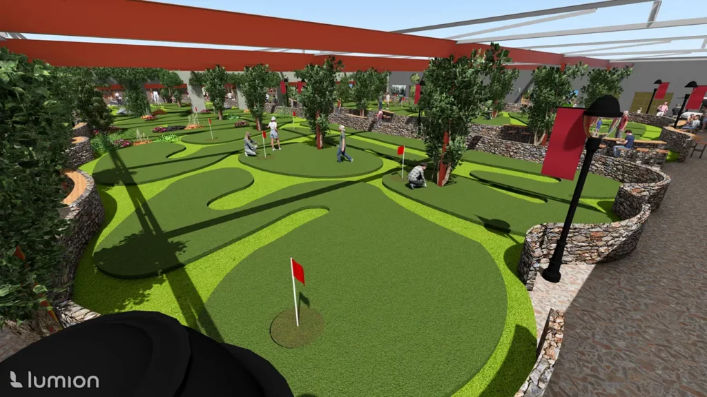 Artist rendering of people putting at The Putting Zone