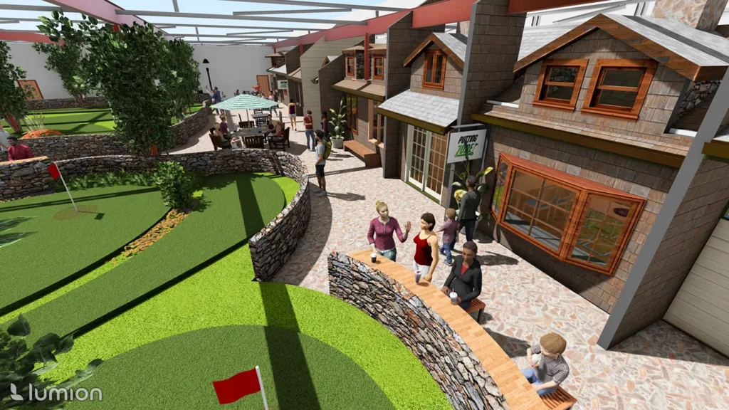 Artist rendering of people relaxing by the Village at The Putting Zone
