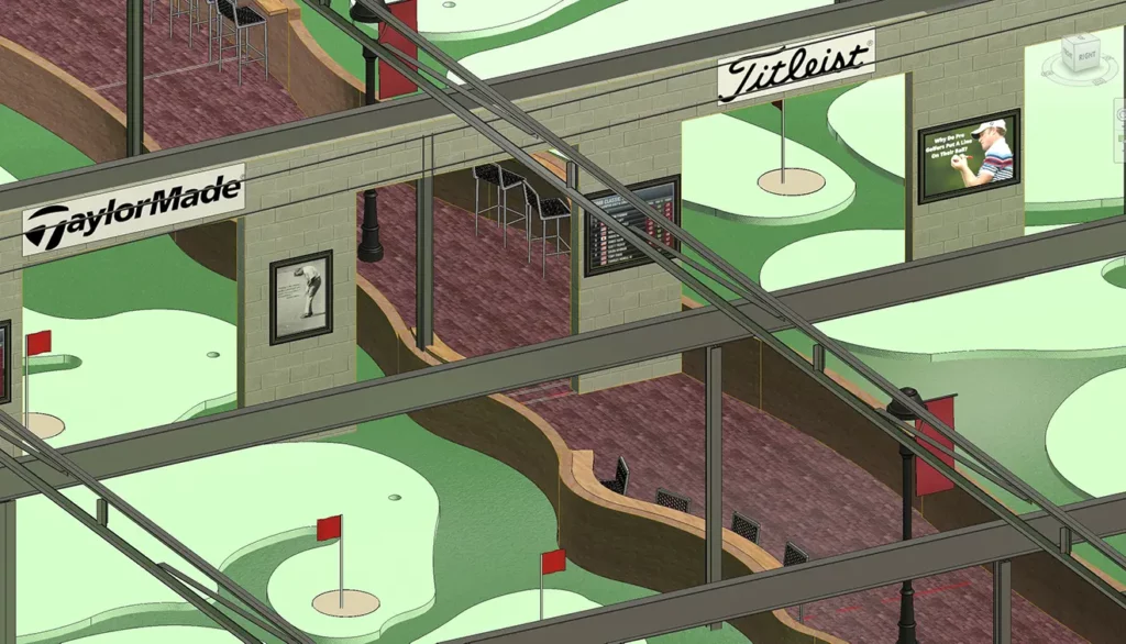 Artist rendering of close up of demising wall facing west at The Putting Zone